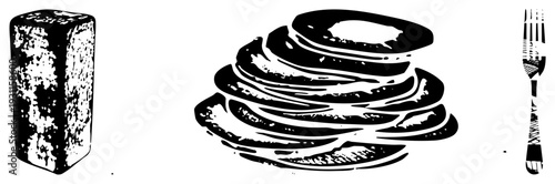Breakfast stack of pancakes with syrup, textured fork, rustic brick, black and white vector illustration, flat design food graphic.