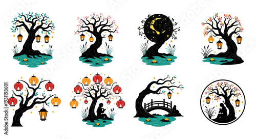 Magical trees with lanterns and people ideal for design on transparent background silhouette