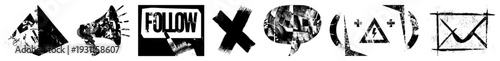 Distressed black/white vector for social platforms megaphone, follow,, bubble, warning, envelope perfect for digital design.