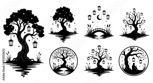 Enchanting trees with lanterns and a crescent moon silhouette on transparent background