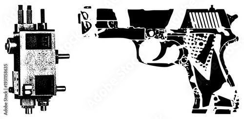 Black and white halftone vector illustration of airgun and mechanical gear, isolated foreground, industrial design, technical schematic, mechanical art, engineering blueprint.