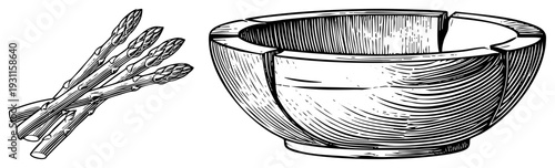 Fresh asparagus spears sketched with fine, rustic wooden bowl with grain texture, culinary vector art, kitchenware illustration, botanical sketch.
