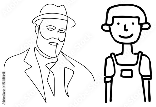 Two stylized figures, classic fedora detective and cheerful worker in overalls, minimalist art, flat design, drawing.