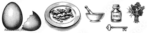 Classic engraving style illustrations of egg, herbs, mortar, spice jar, and key, evoking apothecary and rustic cooking. Botanical, culinary, and medicinal motifs rendered in halftone texture.