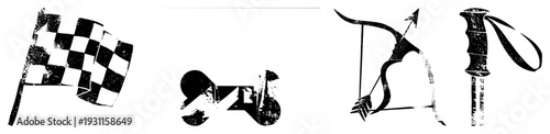Racing flag, dog bone, bow, ski pole distressed black vector, gritty texture, racing, hunting, winter sports, pet symbols.