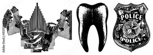 Classic police badge with star emblem, isolated tooth illustration, abstract halftone collage, vector art elements, black and white design.