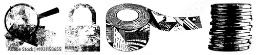 Black and white vector showing inspection, protection, adhesive, and value magnifier, lock, duct tape, coin stack stylized for clarity and symbolism.