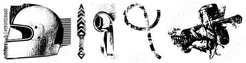 Black and white vector racing helmet with vent, ornate dagger, earbud, stylized letter Q, and textured distorted figure. Halftone texture, isolated elements for design use.