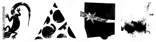 Graphic art with stylized gecko, geometric, starburst cutout, ink splatter vector design, halftone texture, isolated elements.