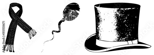 Classic top hat with ribbon, textured with fringe, dotted balloon, retro illustration, graphic, fashion accessories, isolated elements.