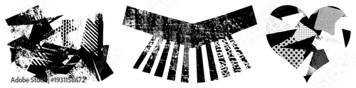 Fragmented black forms with halftone, stipple, and striped textures, graphic design elements, vector art collage, modern abstract composition.