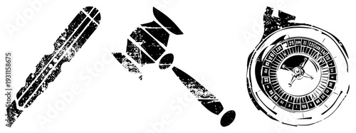 Stylized auction gavel, casino roulette wheel, and French horn rendered in gritty black vector art, isolated with weathered texture, gambling and auction symbols.