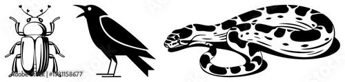 Vector illustration of insect, bird, and snake in bold style. Insect with antennae, crow with open beak, python coiled with spots. Animal, wildlife symbols, graphic design elements.