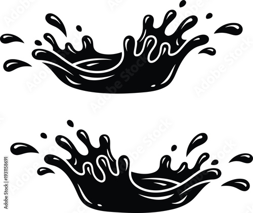 Black liquid splashes and droplets isolated on white background