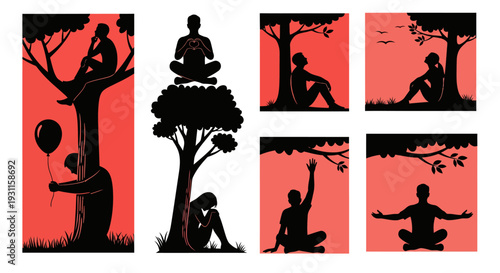 Meditative figures with trees and nature a calming silhouette on transparent background