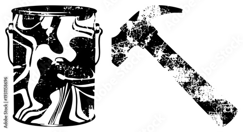 Rustic black and white vector illustration of paint bucket and pickaxe, distressed texture, construction or DIY tools, isolated foreground elements.