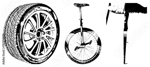 Vector graphics of a car wheel, unicycle, and ice rendered in high contrast black and white, featuring halftone texture and stylized shapes for graphic design use.