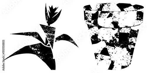 Abstract tropical foliage design with distressed texture, potted plant silhouette, graphic plant art, botanical illustration, vector plant.