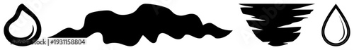 Black silhouette representing fluid motion, liquid splash, and teardrop shapes, minimalist graphic elements, flat design, isolated vector symbols.