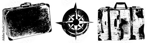 Worn suitcase with textured wear, classic compass rose, travel, retro travel gear, vector art, journey motifs, wanderlust symbols.