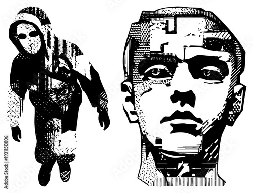 Black and white halftone illustration of masked hooded figure and human head portrait, graphic art, bold, high contrast design, vector style, urban or dystopian theme.