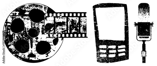 Grungy black and white vector of film reel, old phone, and studio mic, retro tools, analog recording equipment, classic communication devices.
