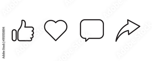 social media interface icon set in line style. like, unlike, comment, share, message, thumb and save simple black style symbol sign for apps and website, vector illustration. 