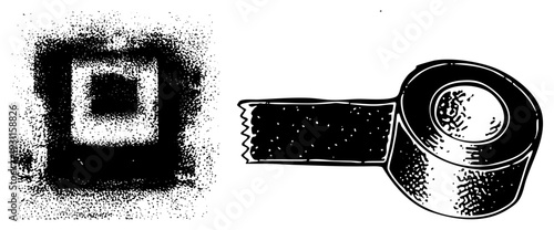 Retro halftone dot texture beside adhesive tape roll, graphic design element, vector illustration, stencil, printmaking motif, isolated object.