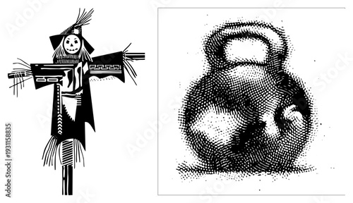 Stylized with jack o lantern face and geometric, halftone kettle rendered in dot matrix style. Halloween decor, vector art, isolated elements.