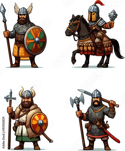 Fantasy Medieval Warriors in Chainmail and Plate Armor with Swords, Spears, and Round Shields