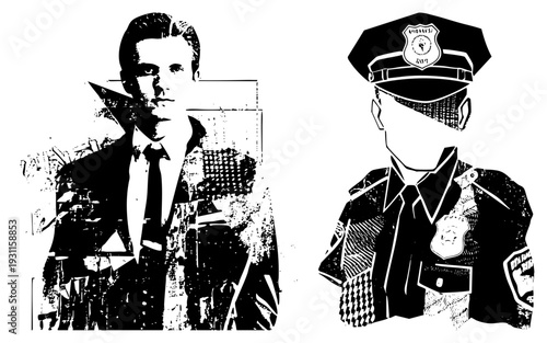 Retro black and white vector portraits of a detective and police officer, halftone texture, noir aesthetic, stylized urban figures, crime scene ambiance.