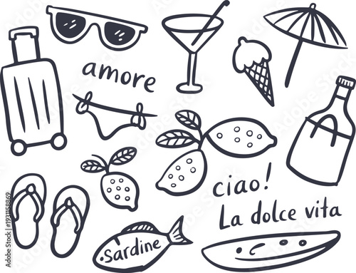 italian summer travel doodle set with amore ciao la dolce vita lettering