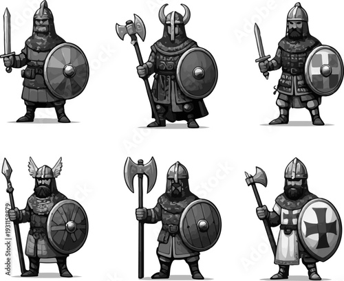 Fantasy Medieval Warriors in Chainmail and Plate Armor with Swords, Spears, and Round Shields
