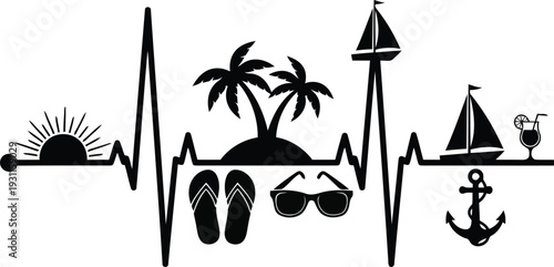 Black silhouette of heartbeat line with tropical vacation elements