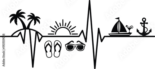 Black silhouette of heartbeat line with tropical vacation elements 1