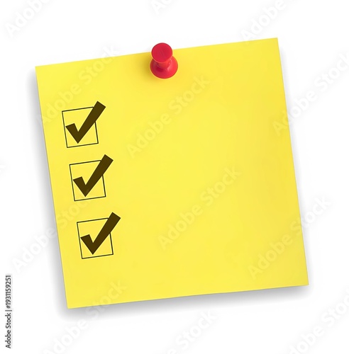 Checklist on Yellow Sticky Note with Red Push Pin – Task Completion and To Do List Concept