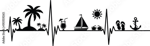 Black silhouette of summer vacation icons on a heartbeat line