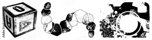 Retro alphabet blocks, balanced stone stack, camera, vector, textured flat design, educational toys, gear.