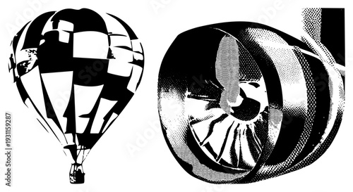 Stylized hot air balloon with checkered & jet turbine, high contrast halftone, vector art, black & white, mechanical & aerial motifs.