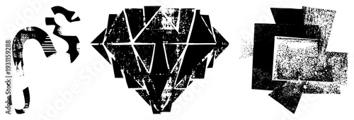 Fragmented polygonal forms with gritty halftone textures, stylized vector art, graphic design elements, bold black and white composition.