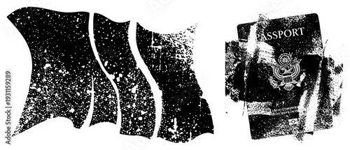 Stylized black abstract forms with speckled halftone texture, passport, travel document motif, graphic design elements, vector art.