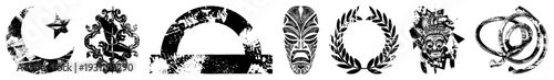Distressed B&W symbols,, half circle, tiki, laurel, tribal mask, coiled rope gritty texture, perfect for design, branding, digital art.
