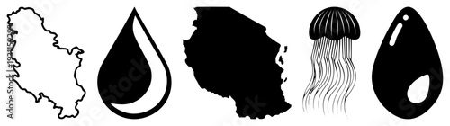 Vector featuring map, teardrop shapes, and jellyfish design, minimalist graphic elements, isolated shapes, clean art, scalable illustrations.