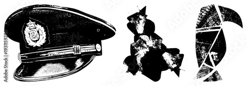 Officer’s peaked cap featuring embroidered badge, metal chin strap, and official insignia, rendered in halftone dot, vector cutout style.