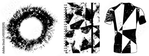 Black and white geometric on t shirt, angular shapes, distressed texture, modern apparel design, graphic tee, abstract art.