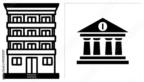 Residential apartment tower and classical bank building, architectural, urban finance and housing symbols, minimalist vector design, black style.