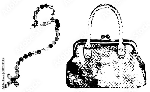 Black and white halftone illustration of rosary beads and structured handbag, vector graphic, religious accessory and fashion item, stylized design, textured.