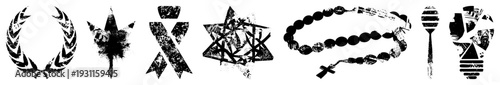 Distressed black and white symbols laurel wreath, star, ribbon, star of David, rosary beads, honey dipper, lightbulb all with gritty texture, isolated vector graphics.