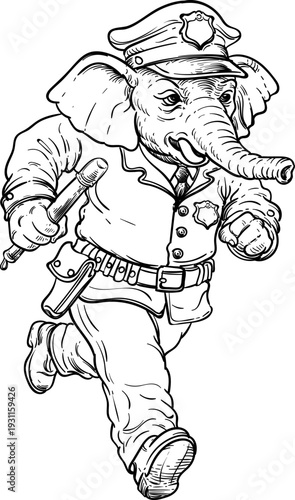 anthropomorphic humanimal hand drawn sketch of run chasing police elephant