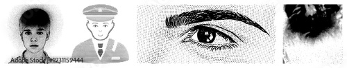 Black and white halftone portraits young boy, uniformed soldier, detailed eye, dot textures, vintage graphic style.